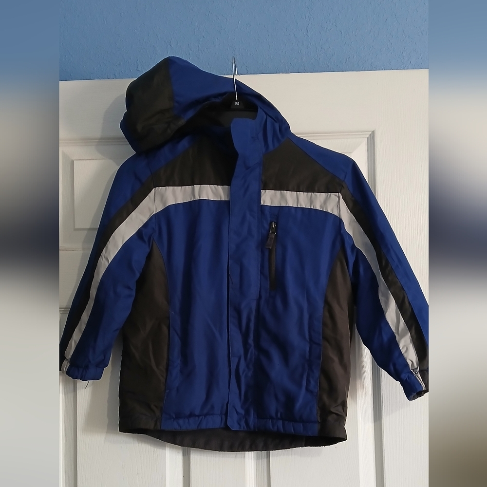 Kids Blue and Black Hooded Puffer Jacket with Reflective Stripe